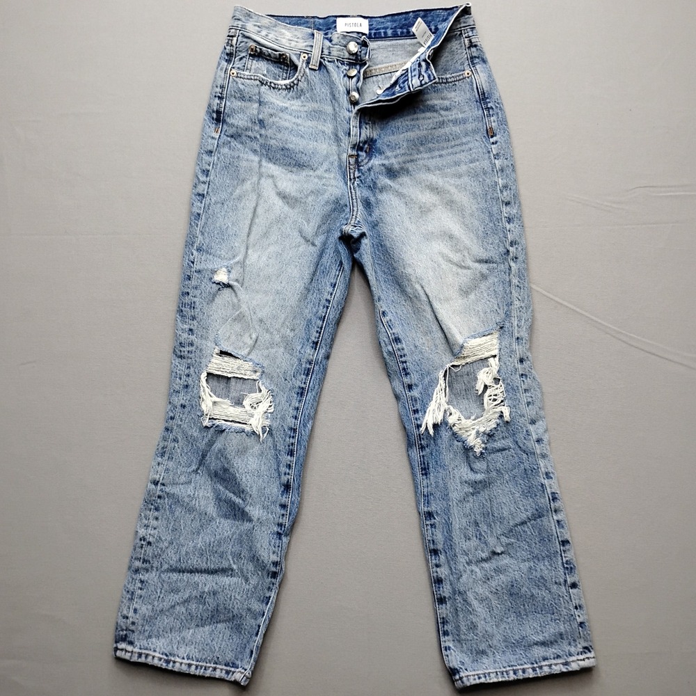 PISTOLA Distressed Straight Leg Button Fly High Rise Jeans Size 27 Light Wash